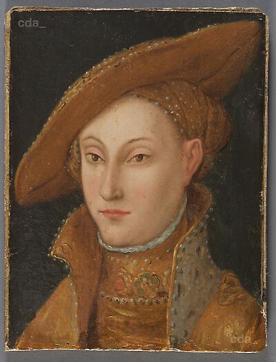 Bust portrait of a unknown woman with yellow hat, turning left