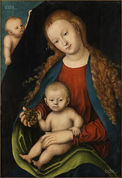 Maria und Kind mit Trauben vor einem Vorhang, der von einem Engel gehalten wird