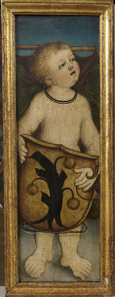 Želina Altarpiece [predella]: Putto with coat-of-arms [left accompanying panel]