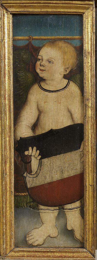 Retabel von Želina [Predella]: Putto mit Wappen [rechte flankierende Tafel]