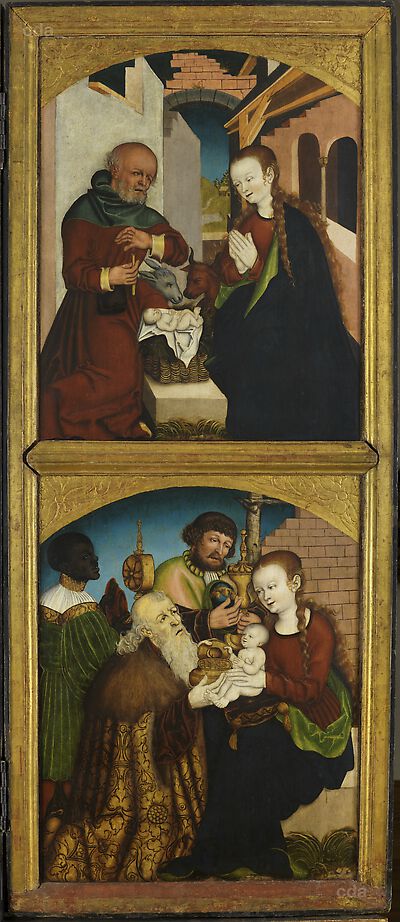 Želina Altarpiece [right movable wing]: Birth of Christ, Adoration of the Magi [recto], St Sigismund [verso]