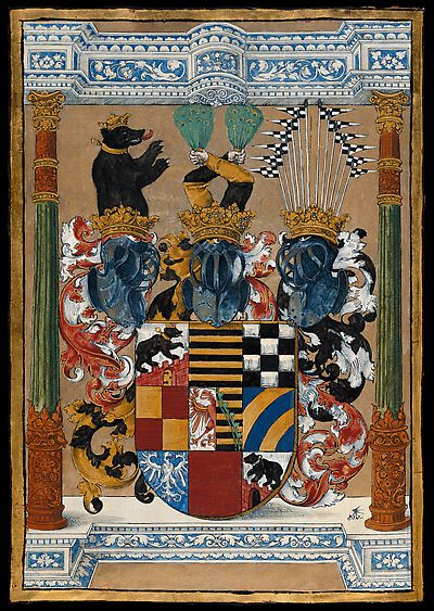 Fünffeldiges anhaltinisches Wappen [aus der 'Theoricae novae Planetarum' des Georg Peuerbach, Georg 1452, Innenseite vorderer Einbanddeckel]