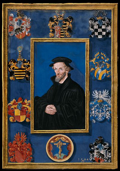 Portrait of Philipp Melanchthon [from the bible of Georg III. of Anhalt, Georg 1476.2°, vol. 2, cover sheet of titel, recto]