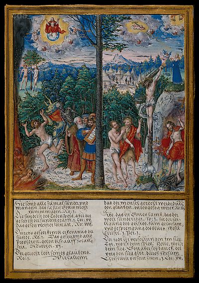 Gesetz und Gnade [aus der Bibel Georgs III. von Anhalt, Georg 1476.2°, Band 3, zusätzliches Blatt vor Folio CCXLII]