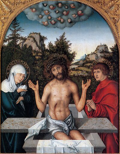 Pfirtscher Altarpiece: Christ as the Man of Sorrows, seated on a sarcophagus between the Virgin and St John [central panel]
