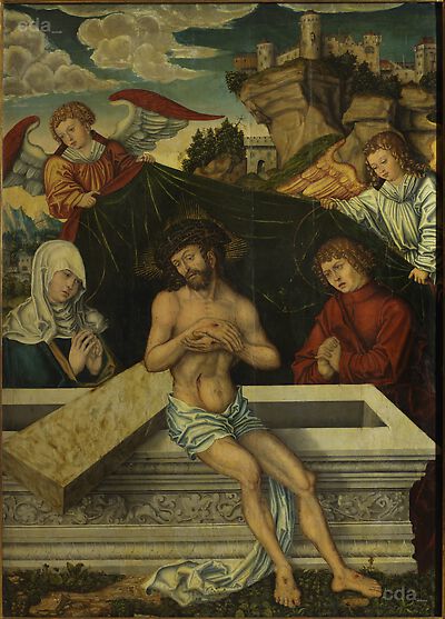 Christus als Schmerzensmann von Maria und Johannes beklagt