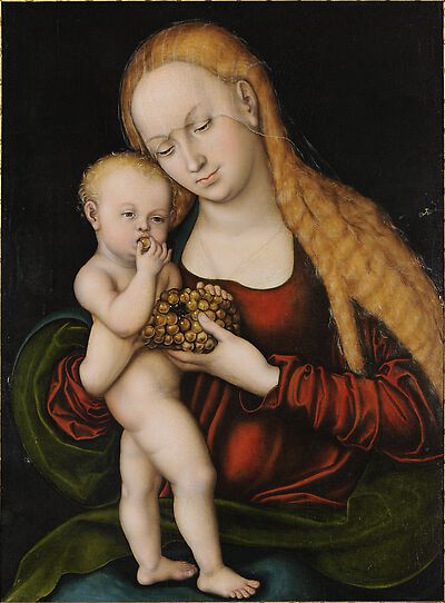 Virgin with child nibbling grapes
