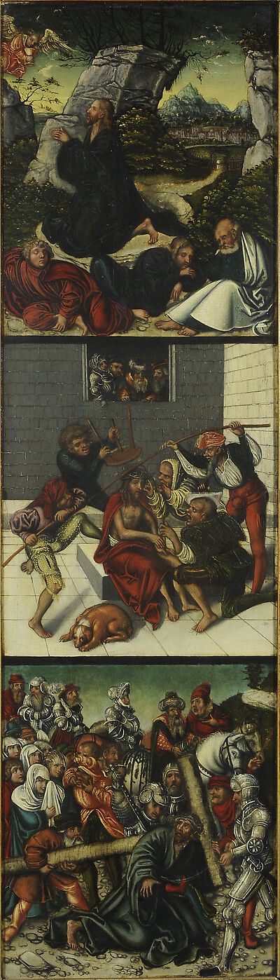Passionstriptychon: Christus am Ölberg, Dornenkrönung, Kreuztragung [Innenseite des linken Flügels]; Schmerzensmann [Flügelaussenseite]