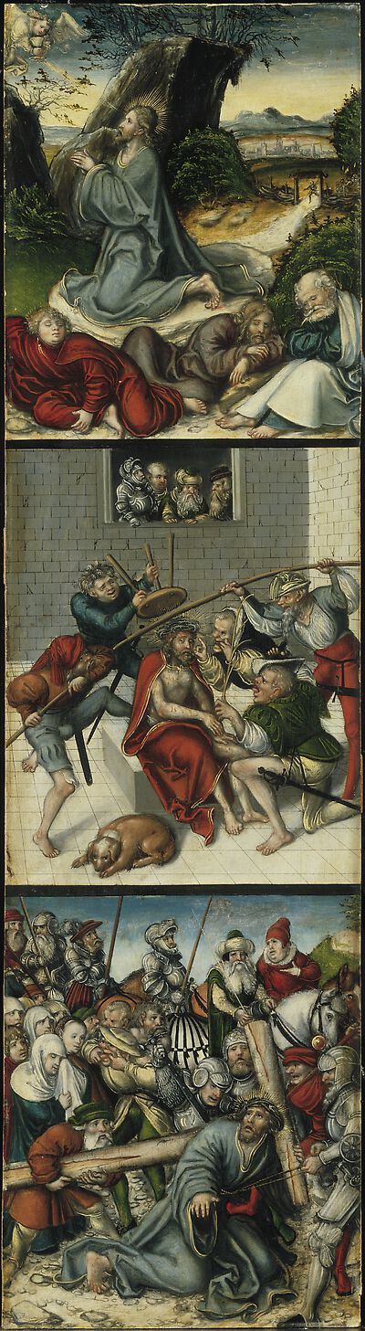 Kreuzigungstriptychon: Christus am Ölberg, Dornenkrönung, Kreuztragung [Innenseite des linken Flügels]