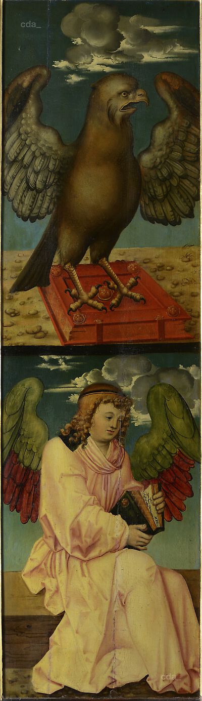 Altarpiece of the Laity [left fixed wing]: eagle and angel as symbols of the evangelists