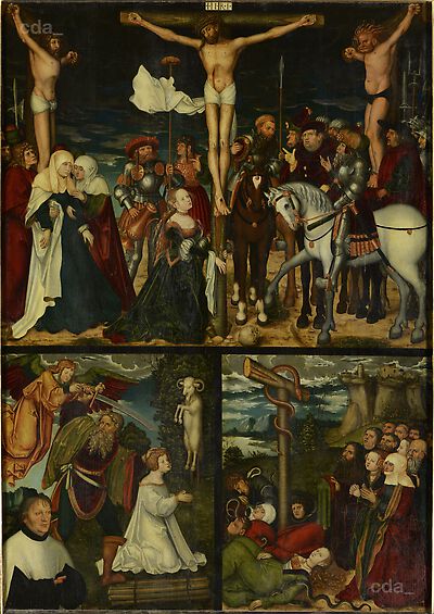 Altarpiece of the Laity [central panel]: Crucifixion, The Sacrifice of Isaac,The Brazen Serpent