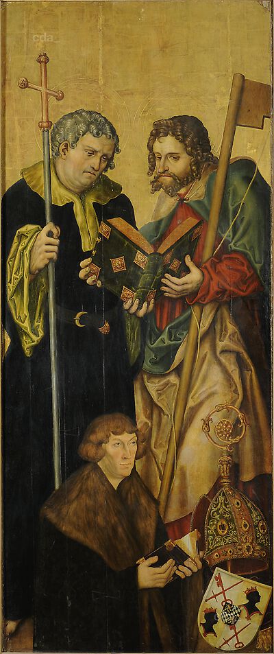 Wings from the Altarpiece for the West Chancel of Naumburg Cathedral [left wing]: The Apostel Philip and James the Younger with Philipp, Count Palatine of the Rhein (1480-1541), Bishop of Freising (since 1499), Administrator of the Diocese of Naumburg (since 1517) as Donor [inner side]
