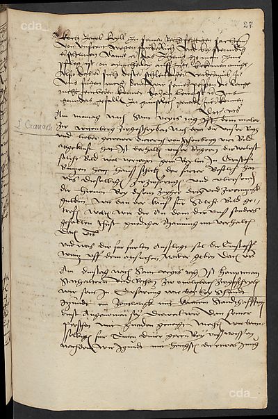 Margrave Albrecht of Brandenburg-Ansbach, High Master (Hochmeister) of the Teutonic Order in Prussia, instructs Lucas Cranach to send four paintings bought by his envoy Dietrich von Schönberg (1484-1525) to Christof Bintzen (Wintz) in Berlin. The bearer of the letter was to pay Cranach the agreed sum of 23 gilders. Cartage was to be paid extra.