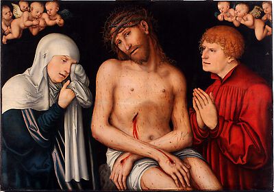 Christ as the Man of Sorrows flanked by the Virgin and St John with Angels