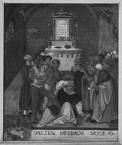 Marter des Judas Thaddeus aus dem Zyklus von 53 Werken für die Emporenbrüstung der ehem. Marienkirche in Dessau