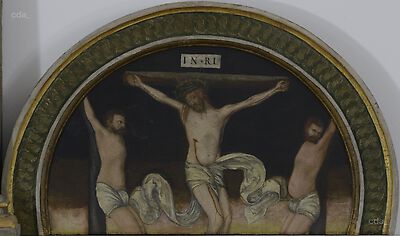 Weinberg-Retabel der Franziskanerkirche Salzwedel [rechter Retabelaufsatz] : Kreuzigung Christi