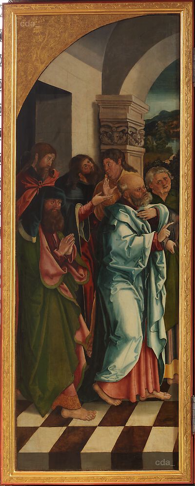 Altarpiece of St Kunigunden church [left outer movable wing]: Christ and the 12 Apostles [recto], Scene from the legend of Kunigunde [verso]