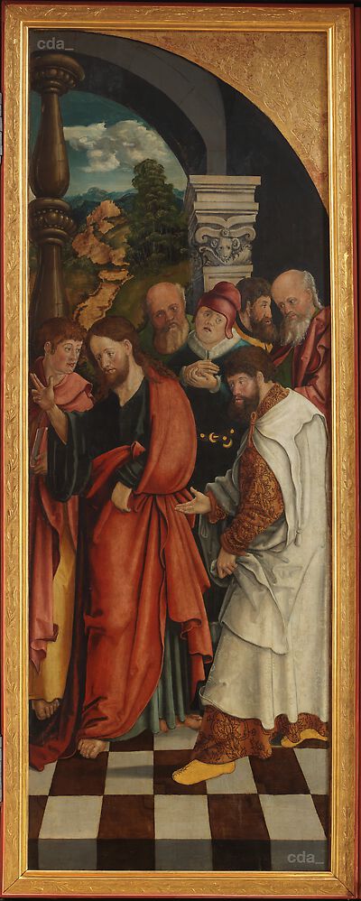 Altarpiece of St Kunigunden church [left inner movable wing]: Christ and the 12 Apostles [verso]