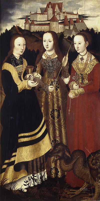 Die Heilige Barbara, Ursula und Margaretha [Kopie des Katharinenretabels von 1506, Innenseite des rechten Flügels]