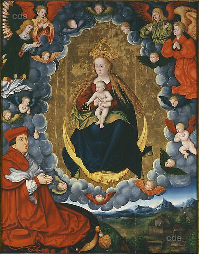 Marienretabel [Mitteltafel]: Maria und Kind auf der Mondsichel verehrt von Kardinal Albrecht von Brandenburg