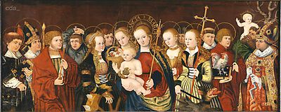 Altarpiece of the Virgin [predella]: The Virgin and Child with the Fourteen Helpers in Need