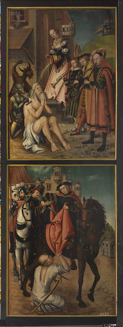 Altarpiece of St Nicolai church Döbeln [fixed wing, left]: St Job in distress [top], St Martin parting his gown [bottom]