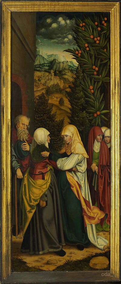 The Bergknappschaft Altarpiece [left wing, second couple of wings]: The encounter between the Virgin and Elizabeth [recto], Christ and Kaiphas, Christ crowned with Thorns [verso]