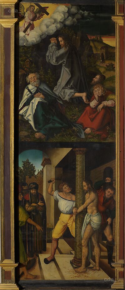 The Bergknappschaft Altarpiece [left fixed wing]: Agony in the Garden and the Flagellation
