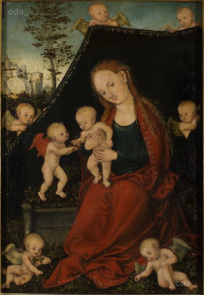 Virgin and Child sitting in a Garden, surrounded by Angels