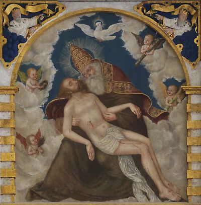 Altarretabel mit gekreuzigtem Christus in der Kapelle des Schlosses Augustusburg [Retabelaufsatz]