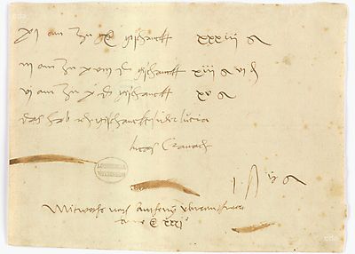 Handwritten note by Lucas Cranach regarding the wine tax bill endorsed by the town scribe Urban Balduin.