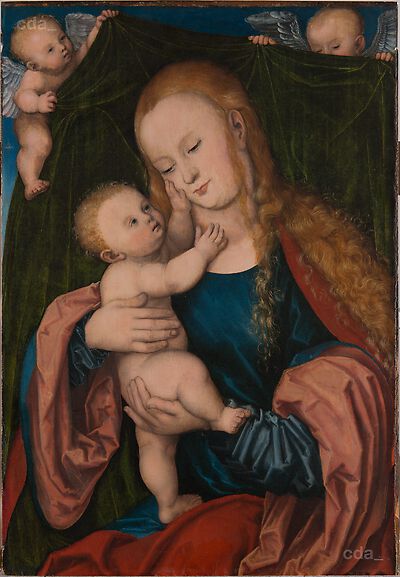 Madonna mit Kind vor einem von Engeln gehaltenen Vorhang