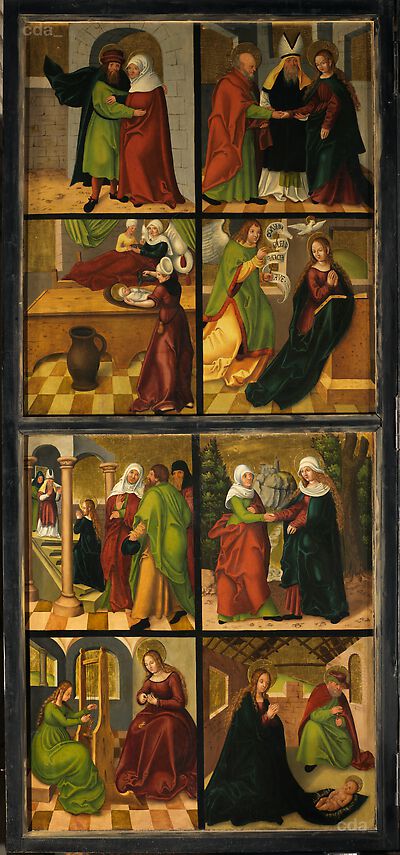 Bernauer Retabel [linker Wandelflügel]: Szenen aus dem Marienleben [Innenseite], Heiligenlegenden [Außenseite]