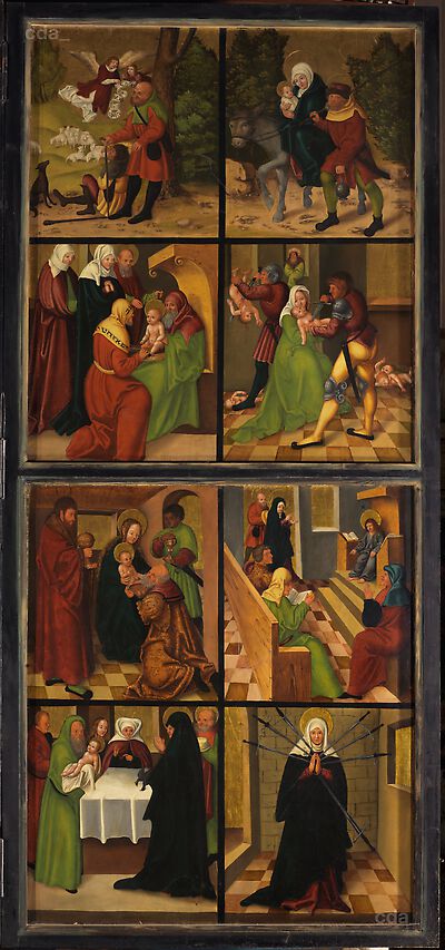 Bernauer Retabel [rechter Wandelflügel]: Szenen aus der Kindheit Jesu [Innenseite], Heiligenlegenden [Außenseite]