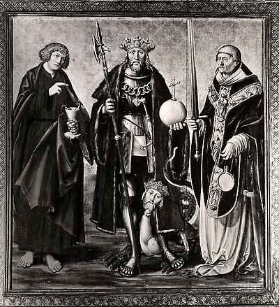 St Olav Altarpiece: St Olav flanked by the Evangelists John and Matthew  [inner panel, left wing]
