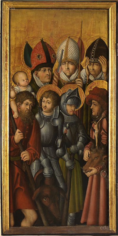 Altarpiece of the Virgin and Child with St Anne [left wing]: The Fourteen Helpers in Need