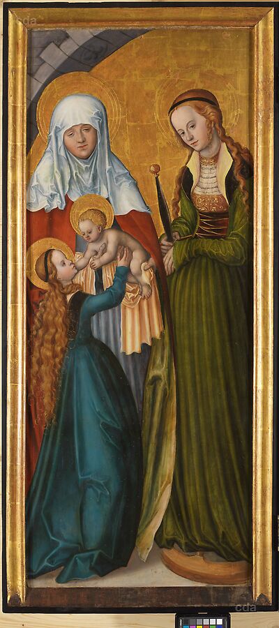 Triptychon mit Maria auf der Mondsichel [linker Flügel]: Die Heiligen Stephan, Nikolaus und Barbara