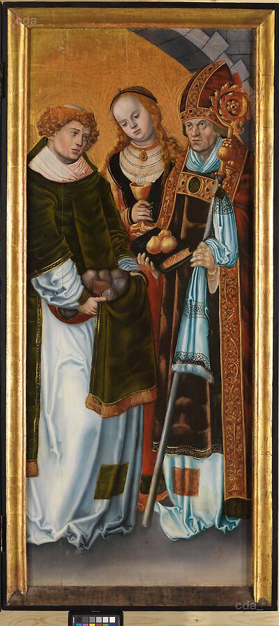 Triptych with the Virgin standing on a Crescent Moon [right wing]: The Virgin and Child with St Anne and St Catherine