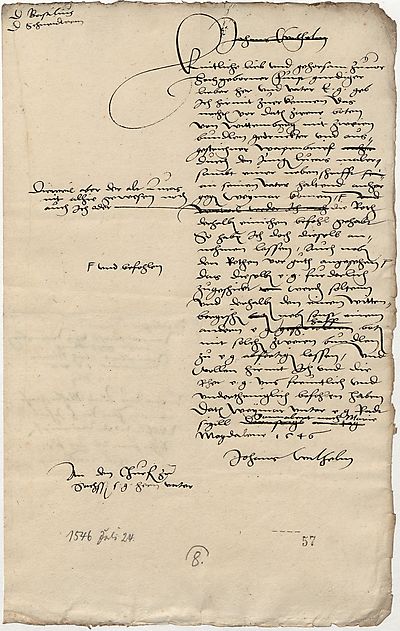 [Manuskript] Herzog Johann Wilhelm von Sachsen schreibt aus Weimar an seinen Vater Kurfürst Johann Friedrich von Sachsen einige Tage nach der Verhängung der Reichsacht über den Kurfürsten und die Mitglieder des Schmalkaldischen Bundes. Er teilt seinem Vater mit, dass ihm Lucas Cranach d. J. [offenbar in Auftrag gegebene] gedruckte und ausgemalte Wappenbriefe für den Kurfürsten und Post an seinen Vater Lucas Cranach d. Ä. zugeschickt hat. Herzog Johann Wilhelm schickt die Wappenbriefe mit Kurier und diesem Schreiben an seinen Vater weiter, ebenso die Post für Lucas Cranach d. Ä., der wohl beim Kurfürsten vermutet wurde.