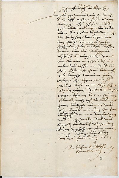 A letter from Duke Johann Friedrich the Elder in captivity to his scribe Johann Rudolf in Weimar: at his wife’s request the duke intended to commission a painting depicting the biblical subject of the seven Virtues. It should include both German and Latin verse. Magister Johann Stigel should check the verse sent by the duke and complete and correct, or rewrite it and then return it all to him. Johann Rudolf should arrange the commission.