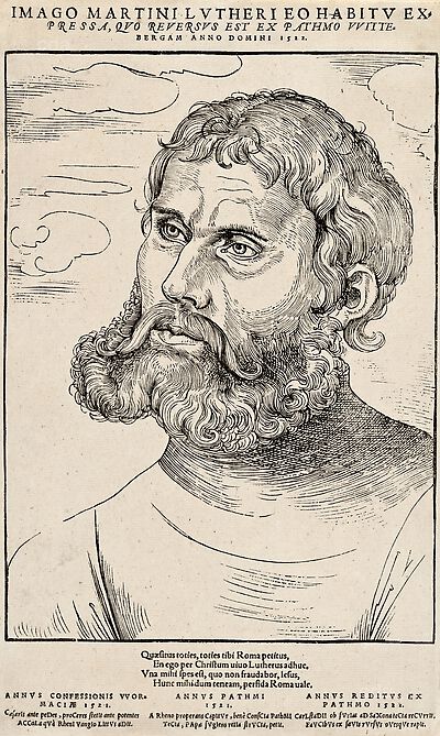 Martin Luther als „Junker Jörg“, Brustbild nach links, vor Wolken