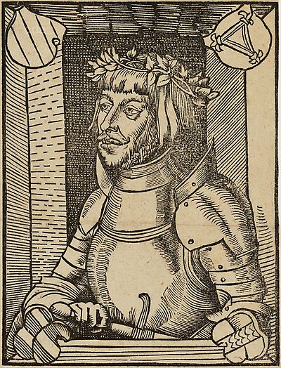 Ulrich von Hutten im Harnisch, Halbfigur nach links, mit Schwert, vor Wandöffnung, hinter Brüstung