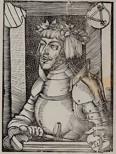 Ulrich von Hutten im Harnisch, Halbfigur nach links, mit Schwert, vor Wandöffnung, hinter Brüstung
