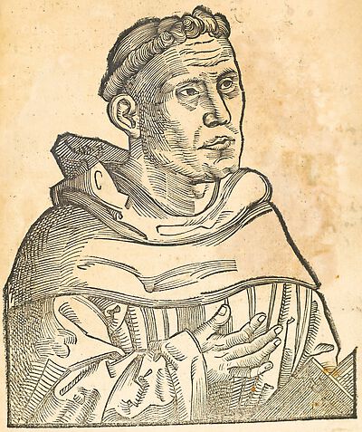 Martin Luther als Augustinermönch im Ordenshabit, Halbfigur nach rechts gewandt, mit Buch