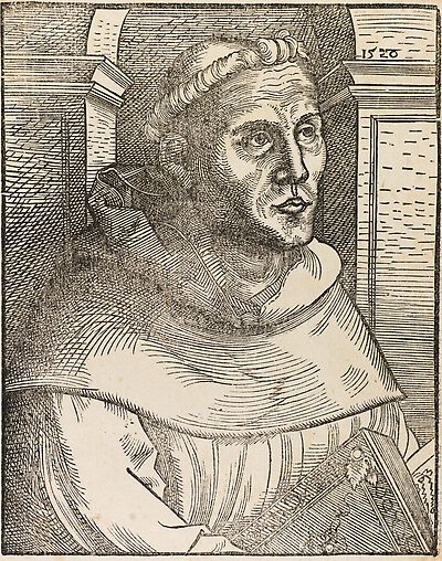 Martin Luther as an Augustinian monk in a habit, half-length figure to the right, with book, in front of an arched niche with impost