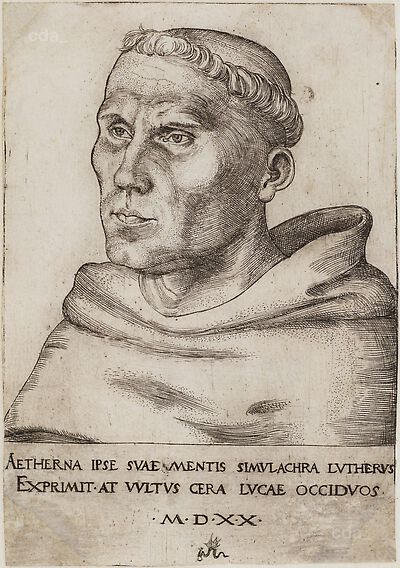 Martin Luther als Augustinermönch im Ordenshabit, Brustbild nach links, mit Inschrift
