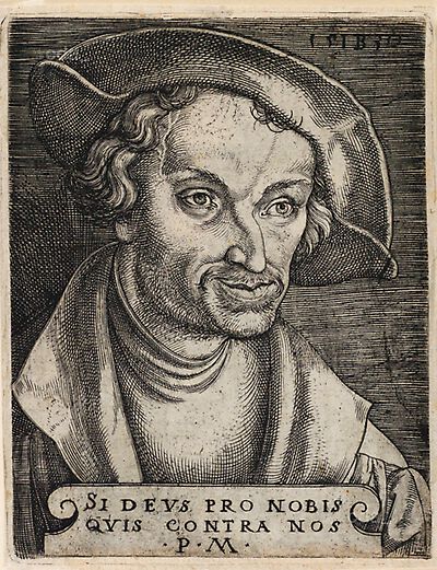 Philipp Melanchthon mit Schaube und Barett, Brustbild nach rechts, mit Inschrift