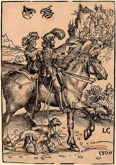 Vornehmes Paar auf einem Pferd reitend