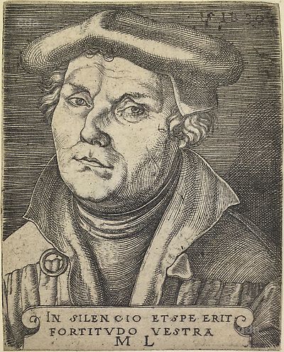 Martin Luther mit Schaube und Barett, Brustbild nach links, mit Inschrift