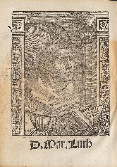 Martin Luther als Augustinermönch im Ordenshabit, Halbfigur nach rechts gewandt, mit Buch, vor einer halbrunden Nische, unter gestaffelten Rundbogen, mit Kämpfergesimsen und Ornamentpilastern